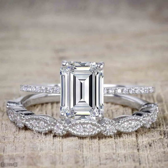 Emerald cut Moissanite Diamond Wedding Bridal Ring Set with 2.00 Ct with 18k Gold Plating
