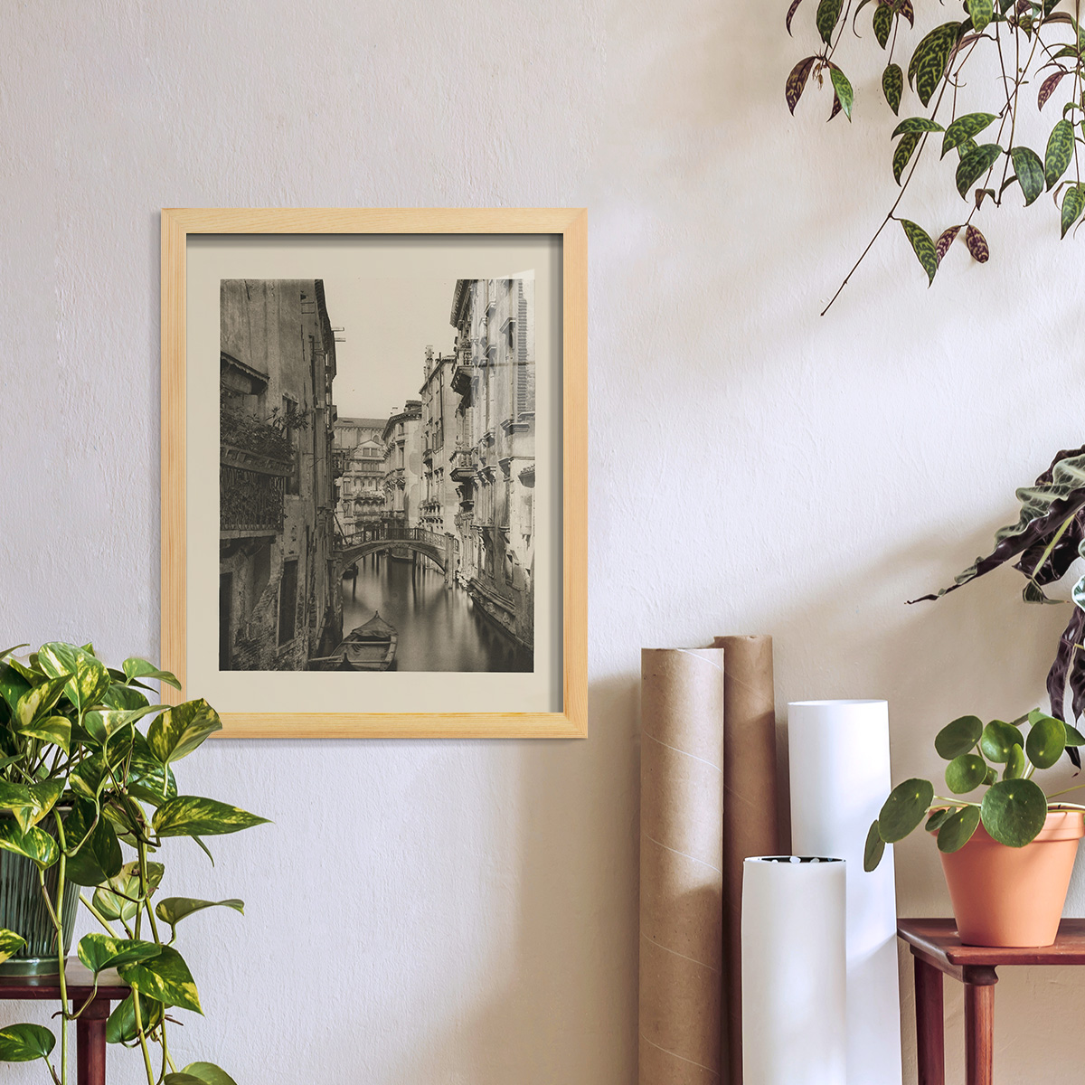 Vintage Views of Venice IV - Framed Print w/glass - Natural Wood