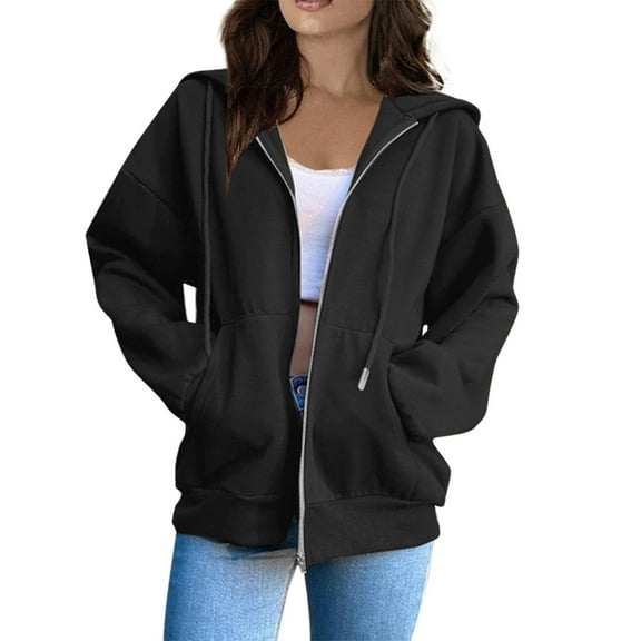 UoCefik Gray Zip Up Hoodie Women Lightweight Long Sleeve Oversized Sweatshirts Casual Drawstring Cropped Y2k Fall Winter Jackets Black XXL