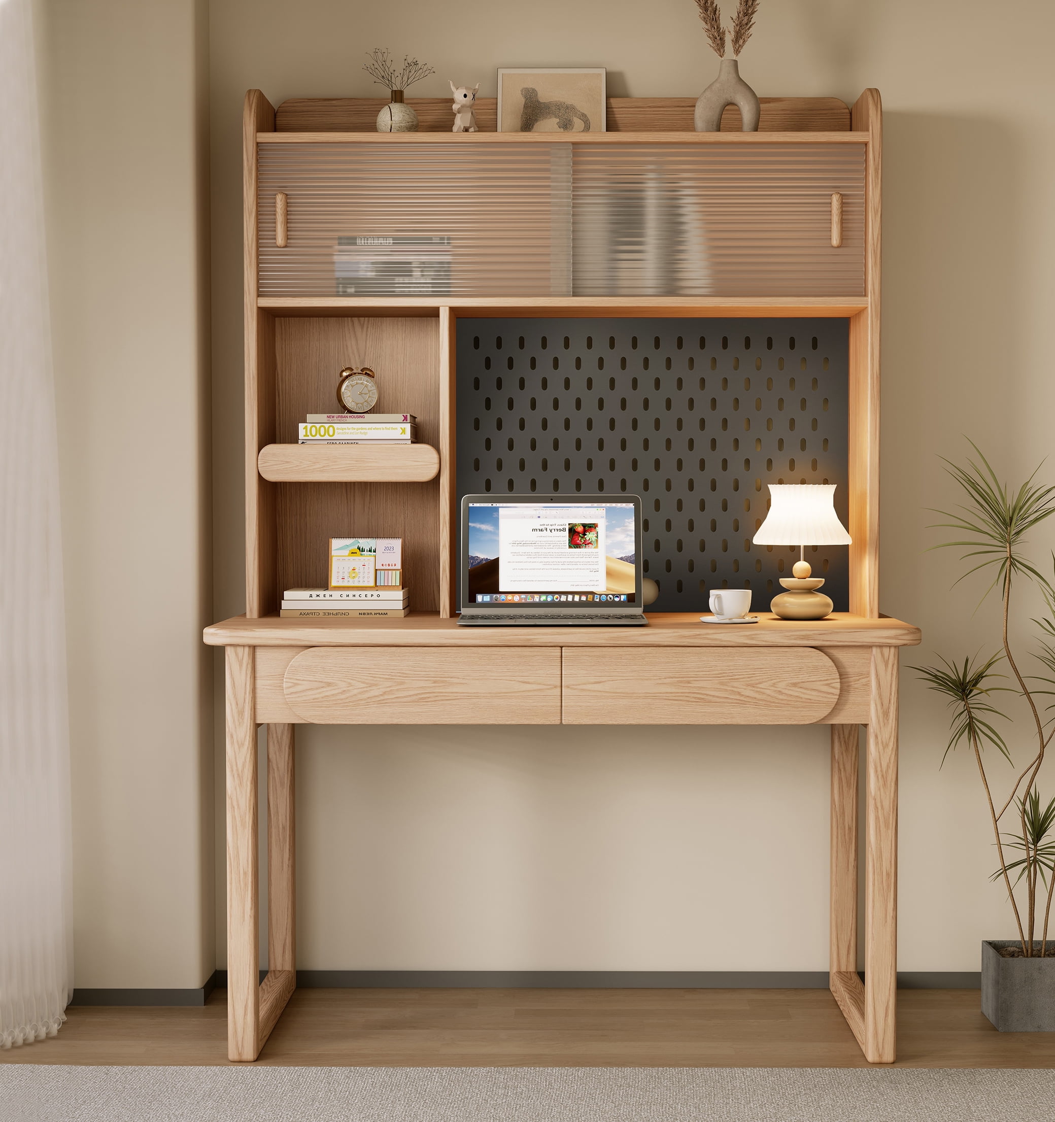 BALANBO Modern Wooden Kids Desk with Hutch and Bookshelf, Nature, Wood of Ash