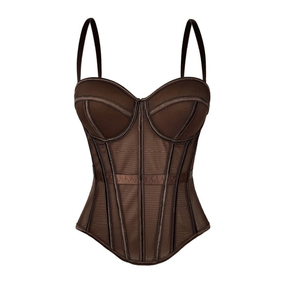 YUANxueke Women's Mesh Corset Bustier Top Pleated Padded Cups Bodysuit Elastic Waistband Lingerie Top with Adjustable Straps