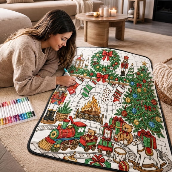Christmas DIY Coloring Throw Blanket, Nutcracker Fireplace Line Art with 24 Markers, Holiday Craft Blanket