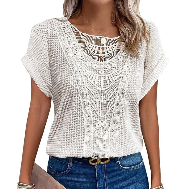 Suéter de Verano para Mujer, Cuello Redondo, Informal, Tejido A Crochet, Camiseta de Corta con Encaje y Costuras Huecas. M