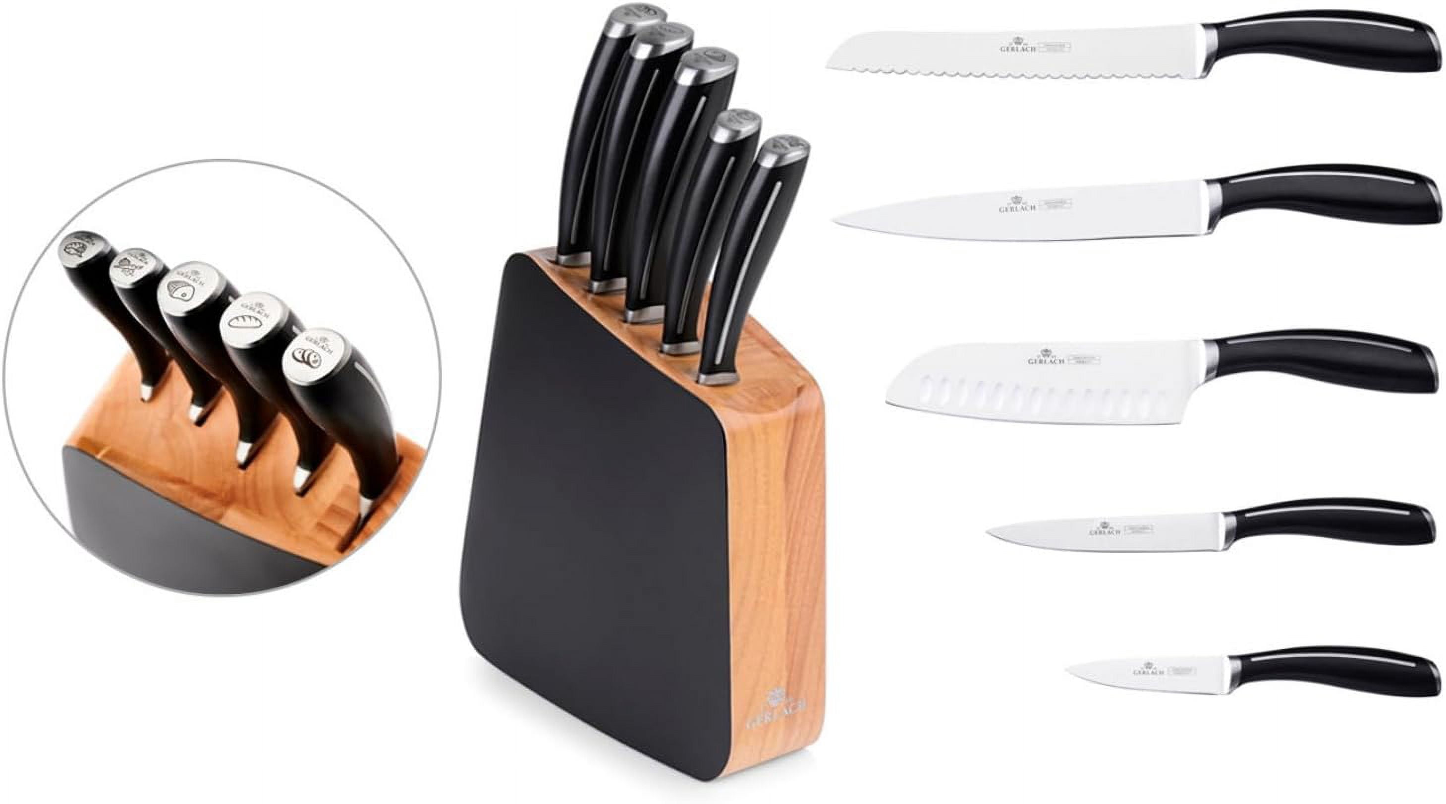 Professional Chef Knife Set, 5 Pieces, Stainless Steel, with Block and Gift Box, Black/wood, G-1320