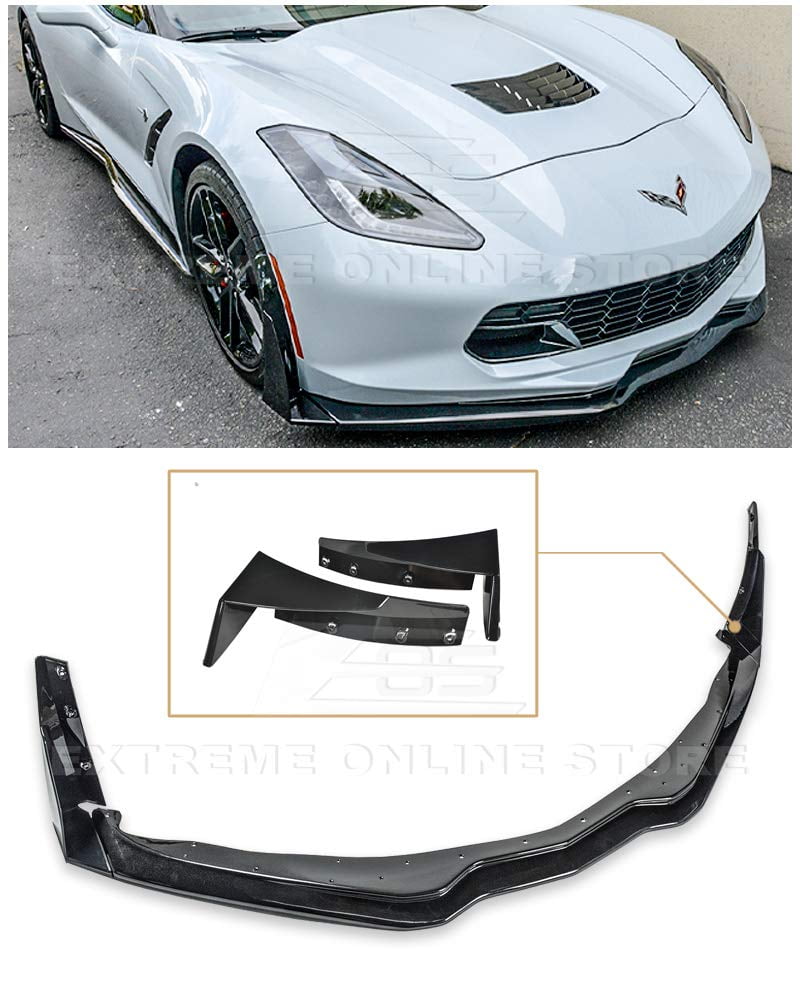 Z06 Z07 Style ABS Plastic Carbon Flash Metallic Front Bumper Lower Lip Splitter with Stage 3 Pair Side Extension Winglets for 2014-Present Chevrolet Corvette C7 