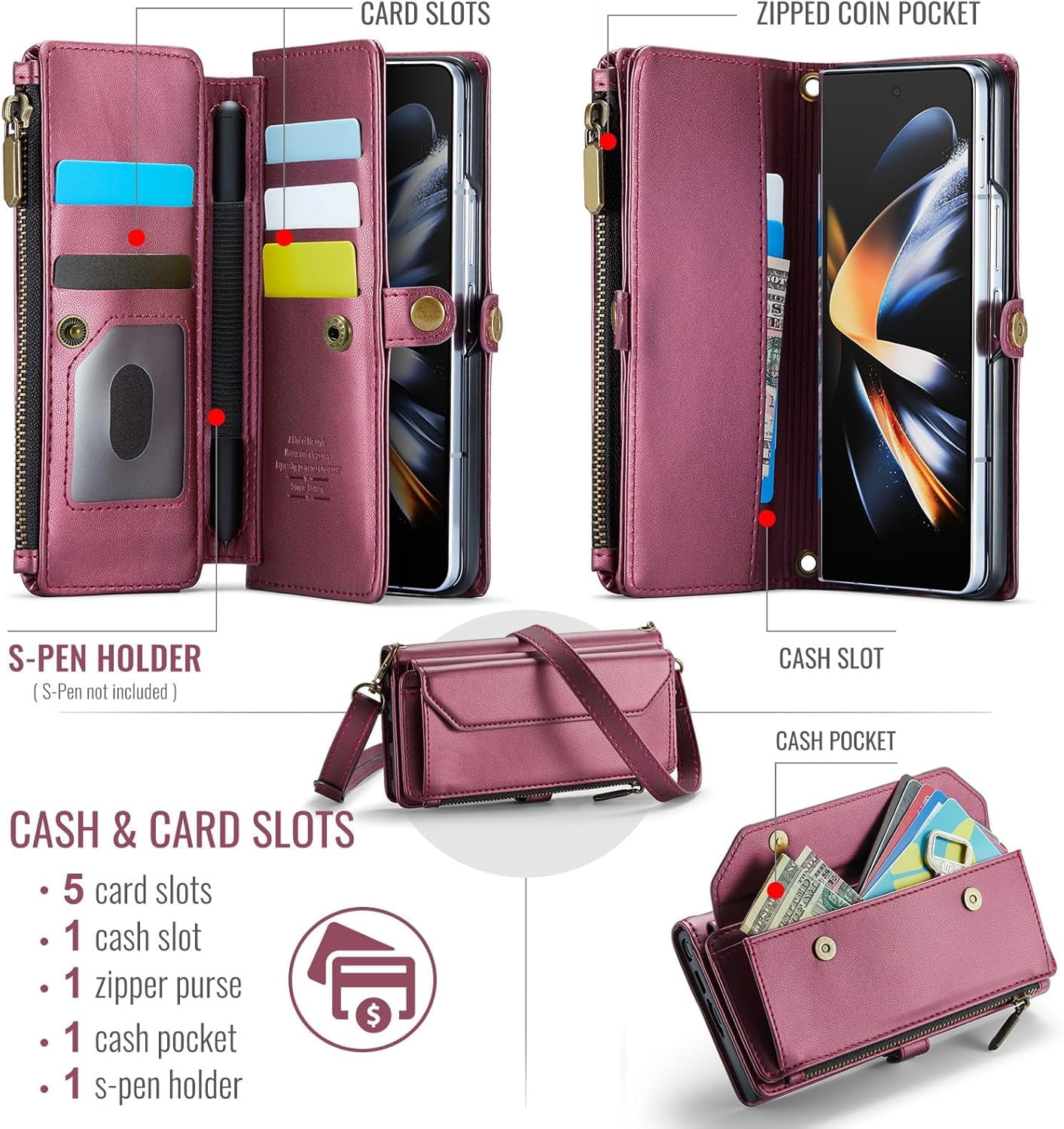Phone Case for Samsung Galaxy Z Fold 4 5G 2022 Zipper Wallet Cover with S Pen and Leather Flip RFID Blocking Card Holder Stand Cell Accessories ZFold4 Z4 Fold4 4Z ZFold45G Women Girls Wine Red