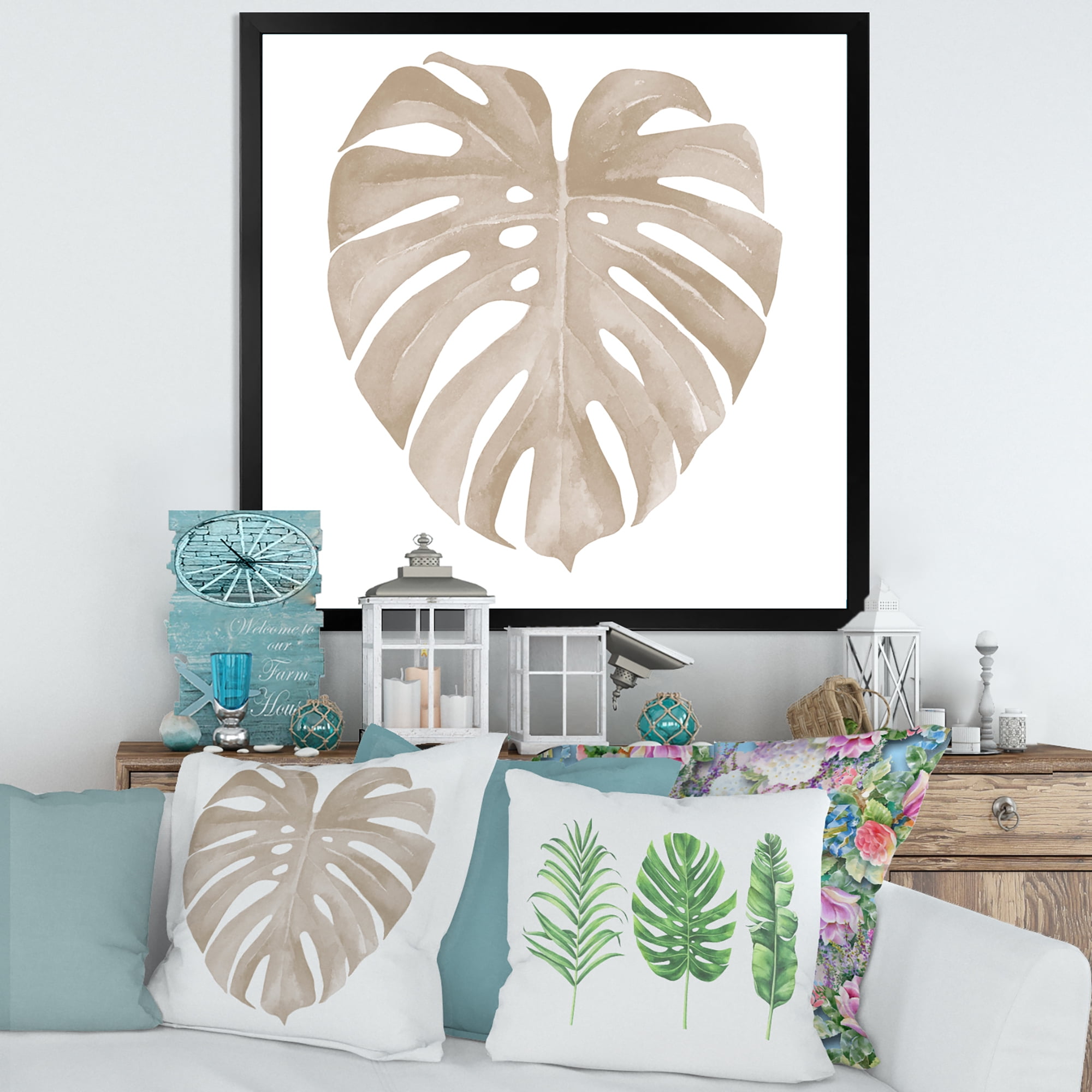 Designart 'Beige Ivory Pastel Monstera Heart Shaped Tropical Leaf' Traditional Framed Art Print