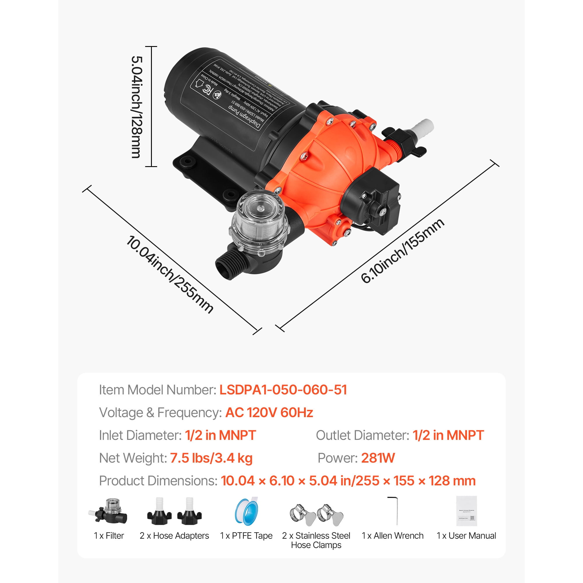 KFFKFF 110V AC Water Pressure Pump, 5 GPM Flow Rate, 5-Chamber Electric Diaphragm Pump with Automatic Pressure Switch, 60 PSI Max, Suitable for Home, Kitchen, Garden Irrigation, and Car Washing