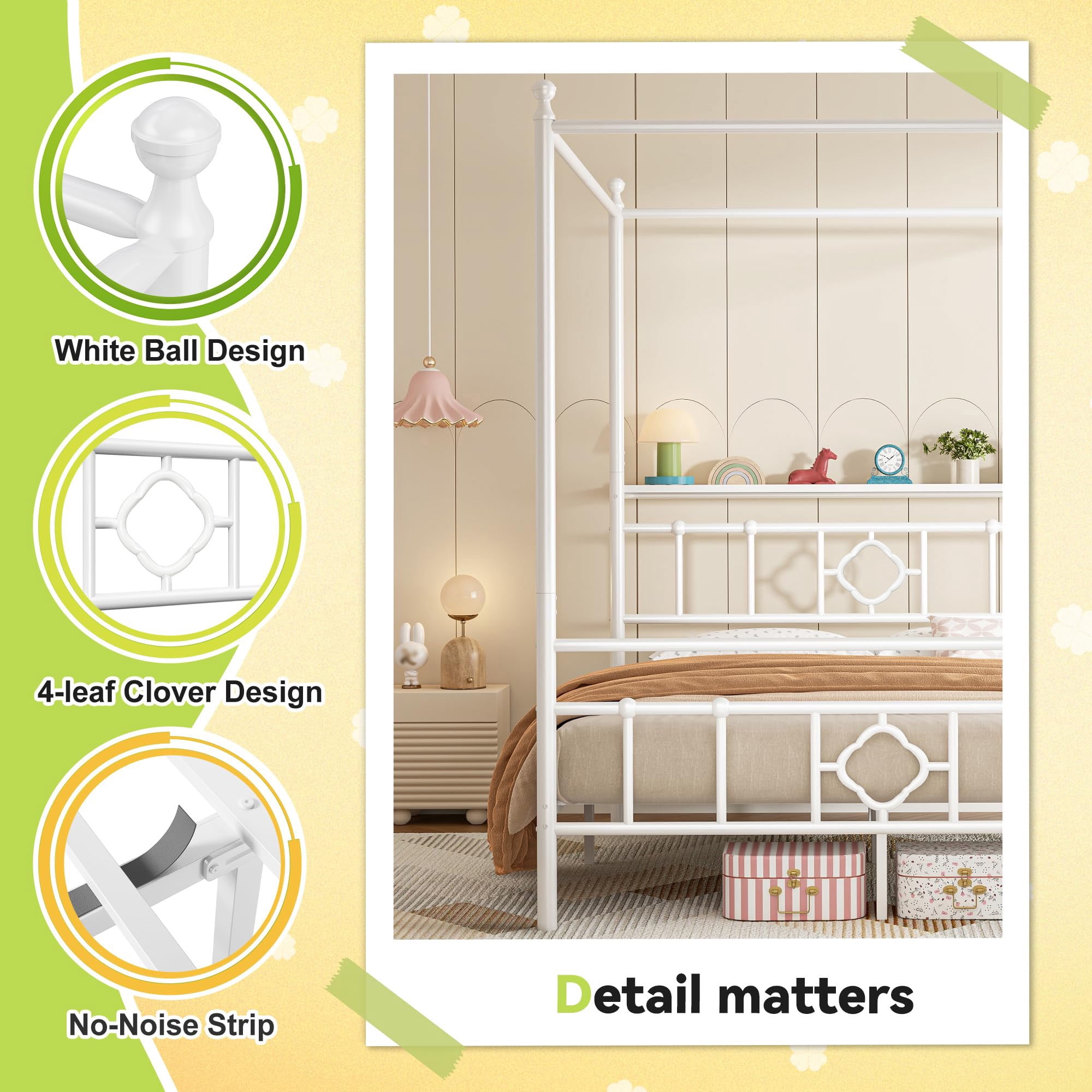 EnHomee Queen Size Canopy Bed Frame with Headboard Canopy Metal Bed Frame with 4 Removable Posts Platform Metal Canopy Bed, Curtain Not Included, White
