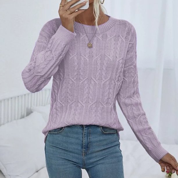 Suéter de cuello redondo para mujer, suéter de punto de color liso con cuello redondo y manga larga, tops para mujer