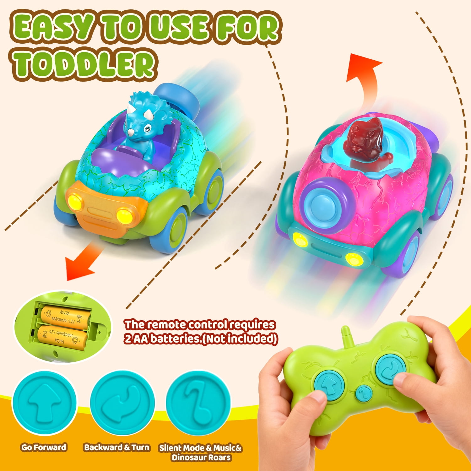 Remote Control Car for Toddlers, Rechargeable RC Cars for Toddler Toys 2-3, Dinosaur Toys for Ages 2-4 with Lights & Music, 2 3 4 Year Old Boy Toys - 2 Pack