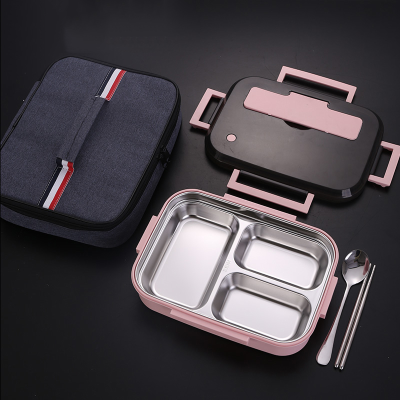 Homeex 304 Stainless Steel Square Lunch Box Pink 3position with bag