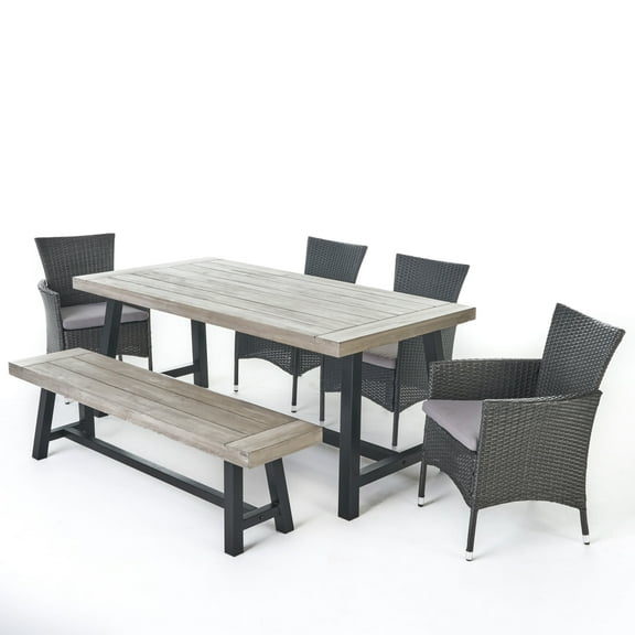 GDF Studio Preston Outdoor Acacia Wood and Wicker 6 Piece Dining Set, Light Gray Sandblasted and Gray