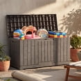 thumbnail image 6 of Dextrus 60 Gallon Weatherproof Rattan Deck Box, Heavy-Duty Resin Outdoor Storage Box with Slide-Locking Lid, Lockable Multi-Purpose Organizer for Patio, Garden and Home Essentials, Light Brown, 6 of 10