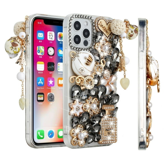 For Apple iPhone 13 Pro (6.1") Bling Crystal 3D Full Diamonds Pearl Luxury Sparkle Rhinestone Hybrid Bumper Cover ,Xpm Phone Case [ Ultimate Multi Ornament Black ]