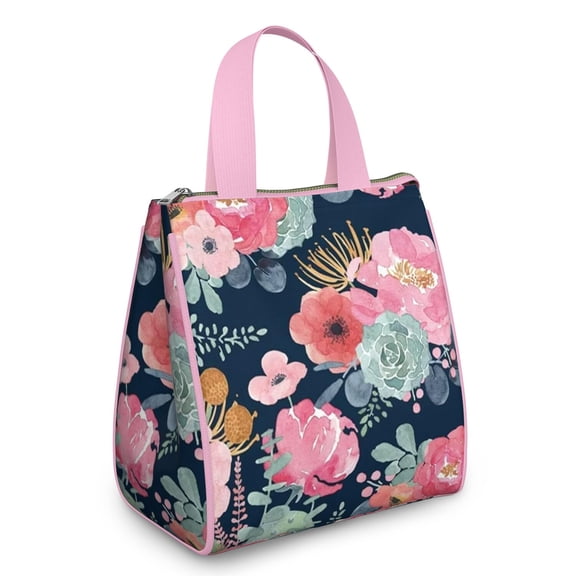 Pioneer Flower Floral Print Pattern Insulated Lunch Bag for Women & Adults,Large Portable Soft Cooler Lunch Bag,Thermal Food Storage Tote with Pearl Cotton,8.66L,8.75x5.75x9.5 Inch