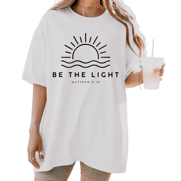 UNISHE Women's Be The Light Matthew 5:14 Sunrise Christian Graphic Short Sleeve T-Shirt Casual Cotton Crewneck Top
