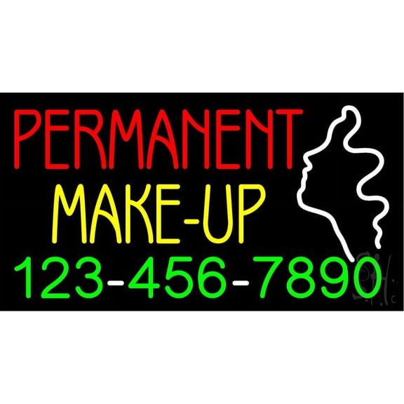Rde Permanent Make-Up with Phone Number LED Neon Sign 13 x 24 - inches, Black Square Cut Acrylic Backing, with Dimmer - Bright and Premium built indoor LED Neon Sign for Spa decor and storefront.