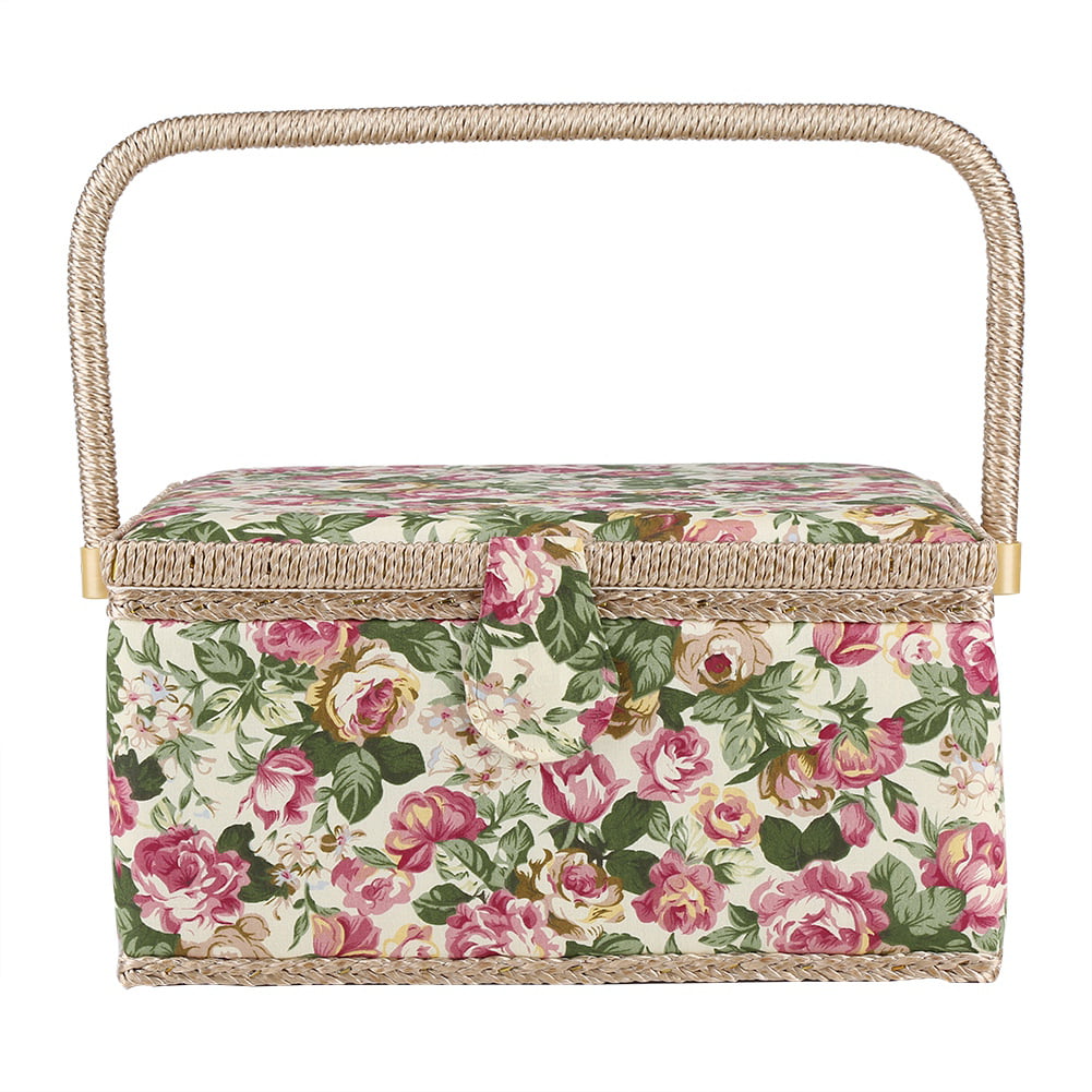 Floral Printed Sewing Basket 12.0 x 9.1 in Vintage Sewing Box Sewing Kit with Ollapsible Handle and Removable Tray for Home Storage Box Organizer