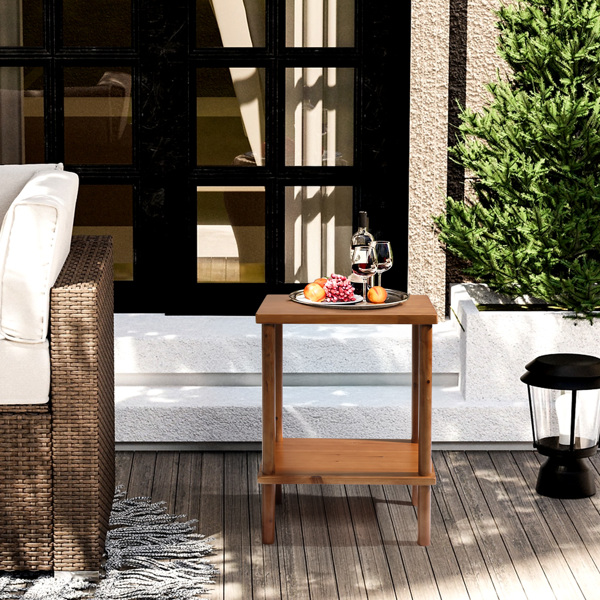 2-Tier Wood End Table (Teak Finish) - Sturdy Fir Wood, Weather-Resistant, Indoor/Outdoor Use for Patio/Balcony/Living Room/Bedroom