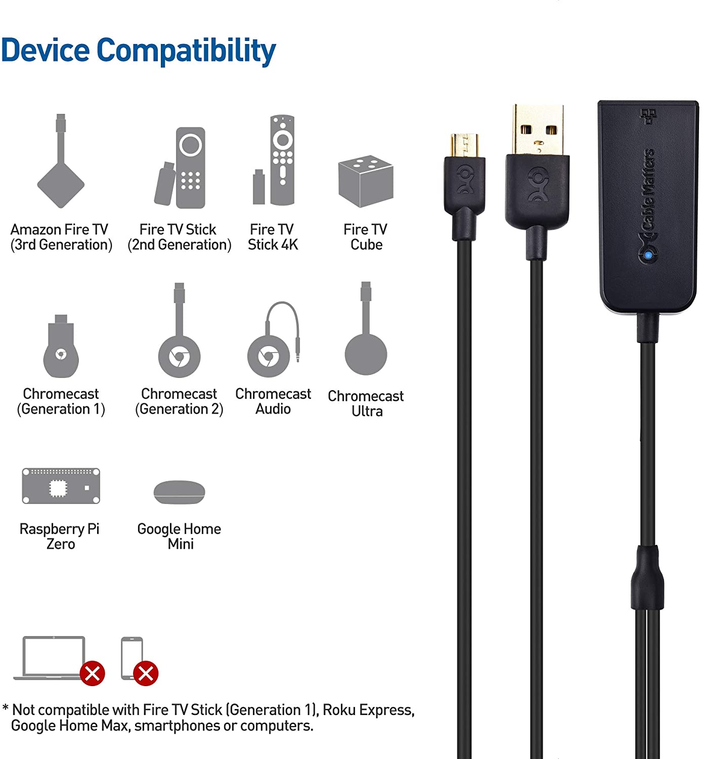 Cable Matters Micro USB to Ethernet Adapter Up to 480Mbps for Streaming Sticks Including Chromecast, Google Home Mini and More - Not Compatible with Roku Device - image 2 of 7