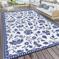 thumbnail image 3 of 6x9FT Reversible Outdoor Rug – Waterproof Navy Blue & White Floral Plastic Straw Carpet – Lightweight Foldable Patio Mat with Portable Bag for RV, Beach, Deck & Camping, 3 of 8