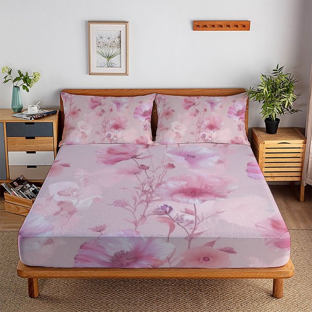 Flower Fitted Sheet Set with Pillowcase 3D Rose Printed Bedding Set Home Bedroom Decor,Queen (60"x80")