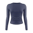 thumbnail image 5 of bbyeadc Blue Long Sleeve Shirt for Woman Y2k Striped Going Out Crop Tops Spring Fall Winter Round Neck Strechy Tight Tees Pullover, Navy XL, 5 of 5