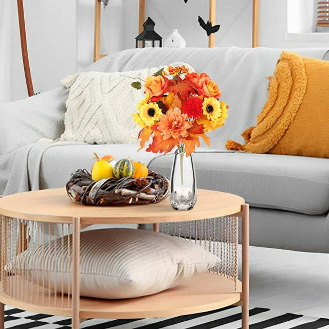 Ramo simulado de girasol - Arreglo floral de seda con hojas de arce, decoración realista de 43 cm para el salón, centro de mesa del festival