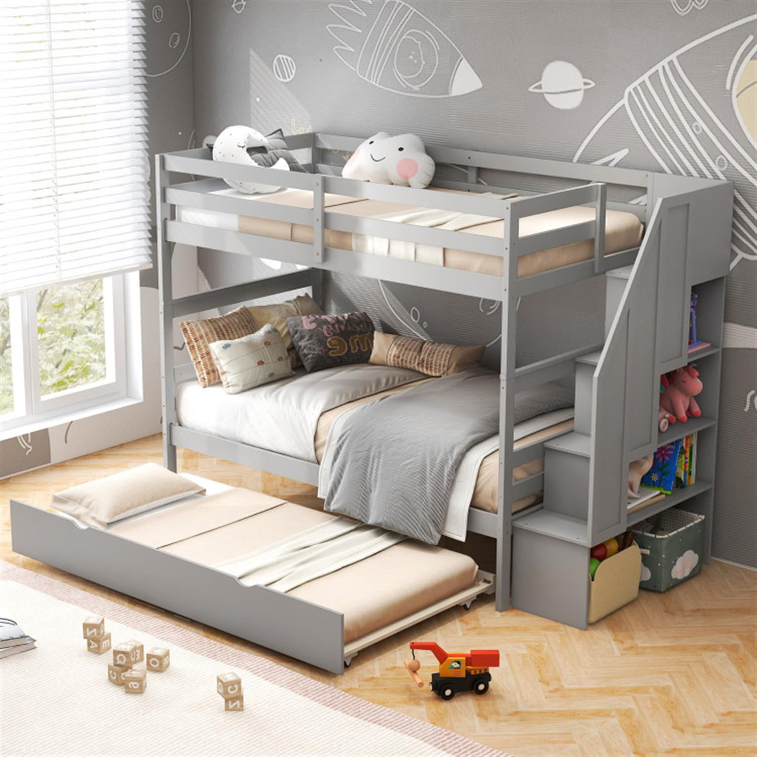 Demi Bonn Home Wood Bunk Bed with Guard Rail and 4-step Storage Stairs, Twin Bunk Beds, No Box Spring Needed, Gray