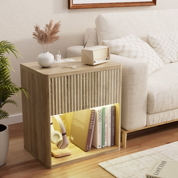 Single Drawer Bedside Table Nightstand Open Shelf Bedside Cabinet with Charging Station Side Table with Power Outlet Wood Bedside Desk with One Drawer for Bedroom Living Room Home Office Original Oak