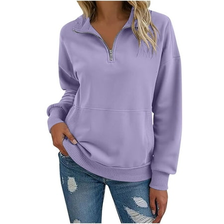 Women Sweatshirts 1/4 Zip Fall Clothes Trendy Casual Loose Long Sleeve Pullover Comfy Fall Fashion Cotton Oversized Zip Up Hoodie with Pocket Purple L