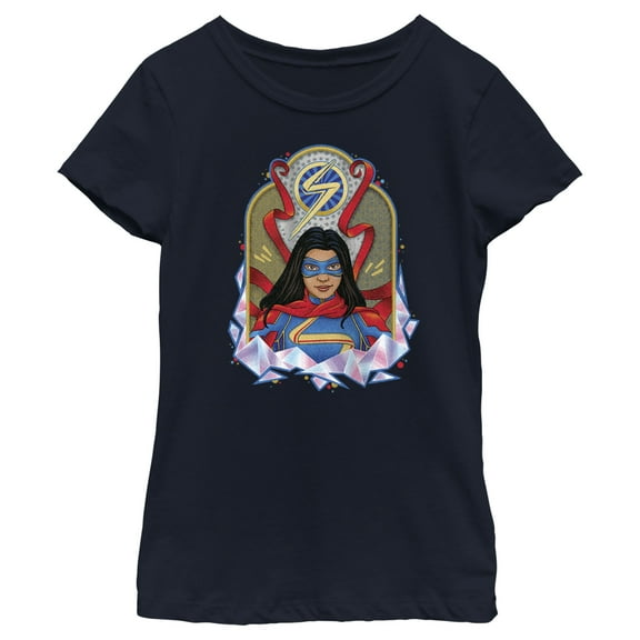 Girl's Marvel: Ms. Marvel Cool Crystals Badge Graphic Tee Navy Blue Large