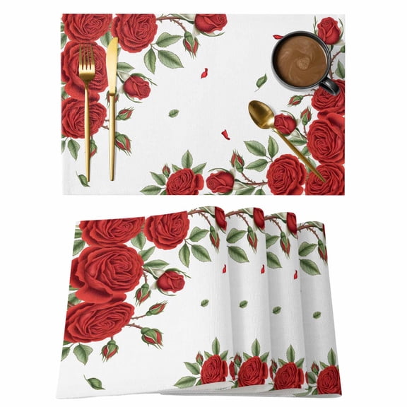 Placemats Set of 8, Red Roses Valentine's Day Woven Placemat, Linen Place Mats for Kitchen/Dining Tables, Romantic Spring Floral Washable Table Mats for Party