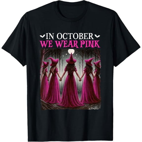 in October We Wear Pink Witch Halloween Breast Cancer Women T-Shirt