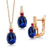 Gem Stone King 7.08 Ct Blue Created Sapphire Red Created Ruby 18K Rose Gold Plated Silver Pendant and Earrings Jewelry Set