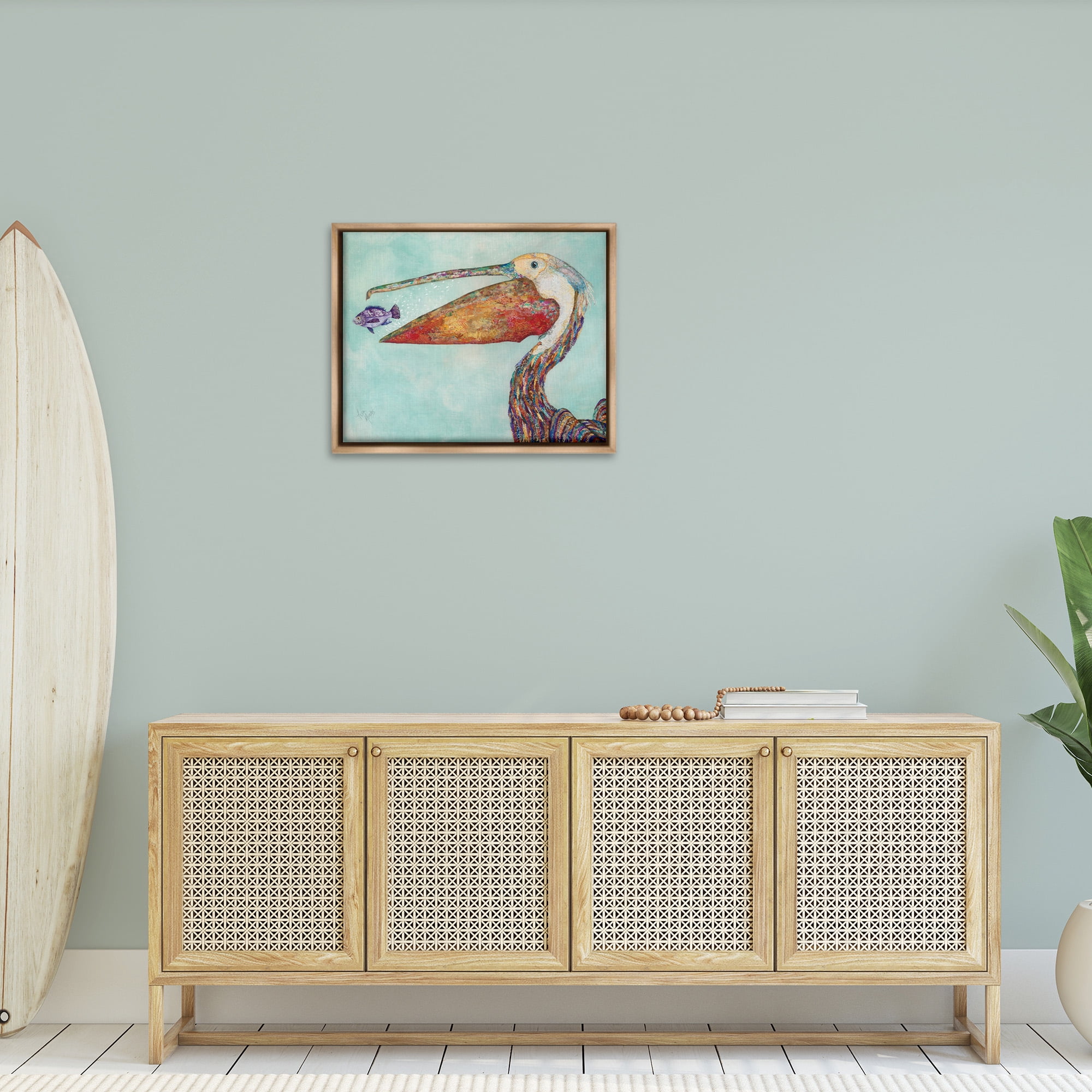 Stupell Industries Pelican's Lost Supper Fish Animals & Insects Painting Brown Floater Framed Canvas Art Print Wall Art, 31 x 25