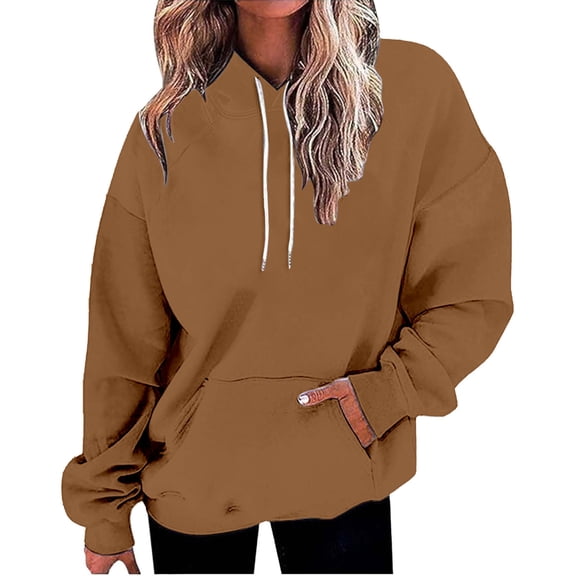 Women's Solid Color Pullover Hoodie with Drawstring and Side Pockets, French Terry Casual Streetwear Sweatshirt for Lounge Comfort, Daily Wear and Outdoor Activities Coffee L