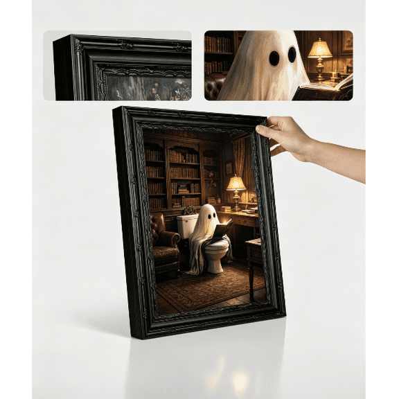 Framed Halloween Ghost Bathroom Wall Art, Eerie Cute Retro Halloween Canvas Print, Elaborate Framed Ghost Bathroom Wall Artwork, Festive Macabre Decor for Tiny Guest Bath Powder Room