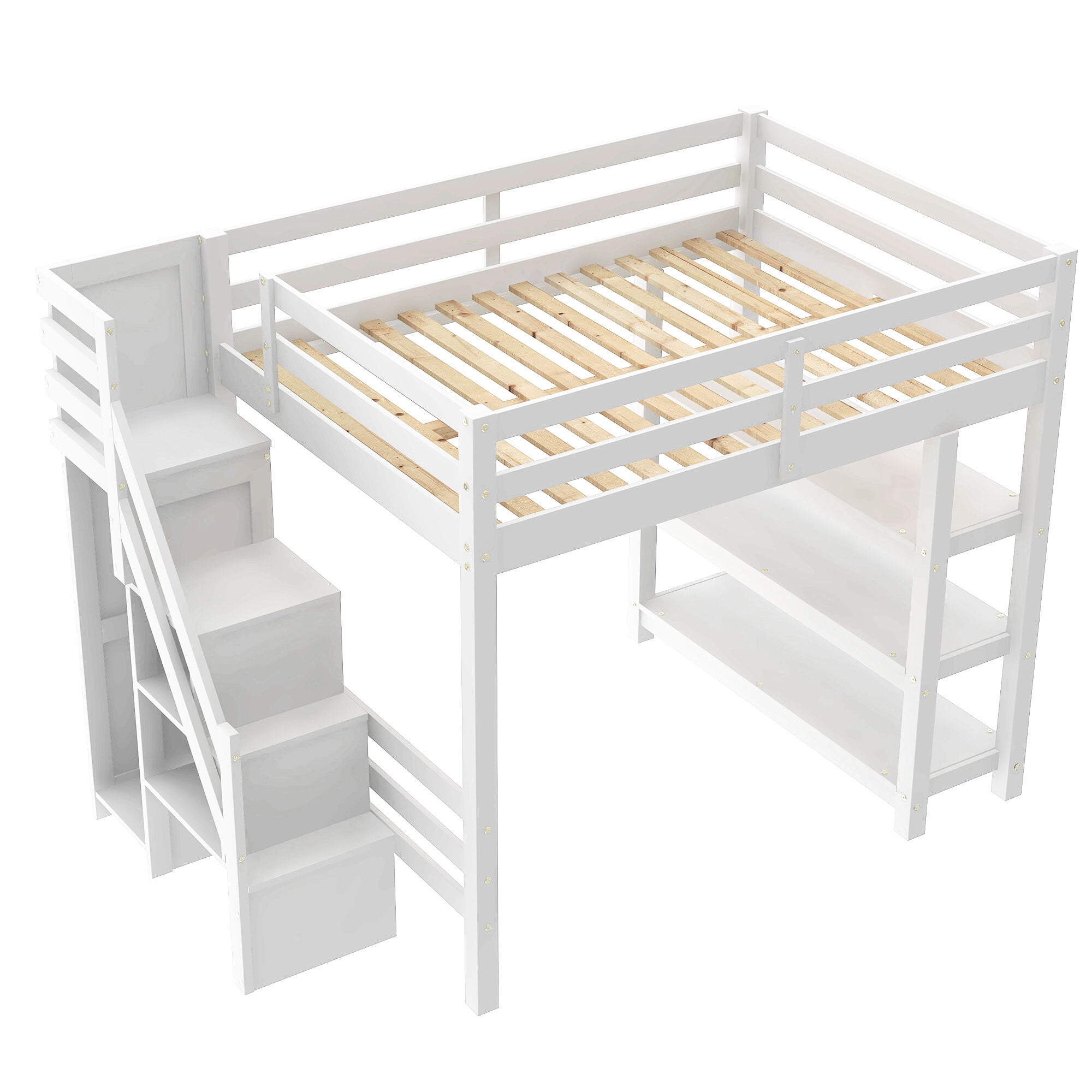 Euroco Wood Full Size Loft Bed with Storage Staircase and Shelves, LED Light and Wardrobe for Kids, White