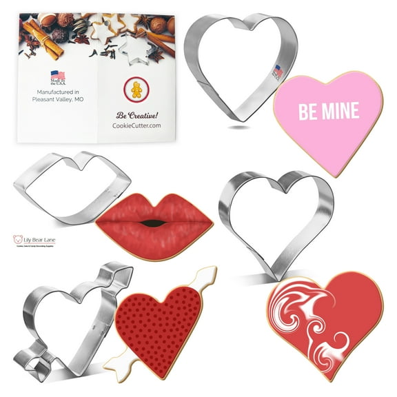 Valentines Heart Cookie Cutters Set 4 Pc Lipstick Kiss Foose Cookie Cutters, Tin Plated Steel, USA