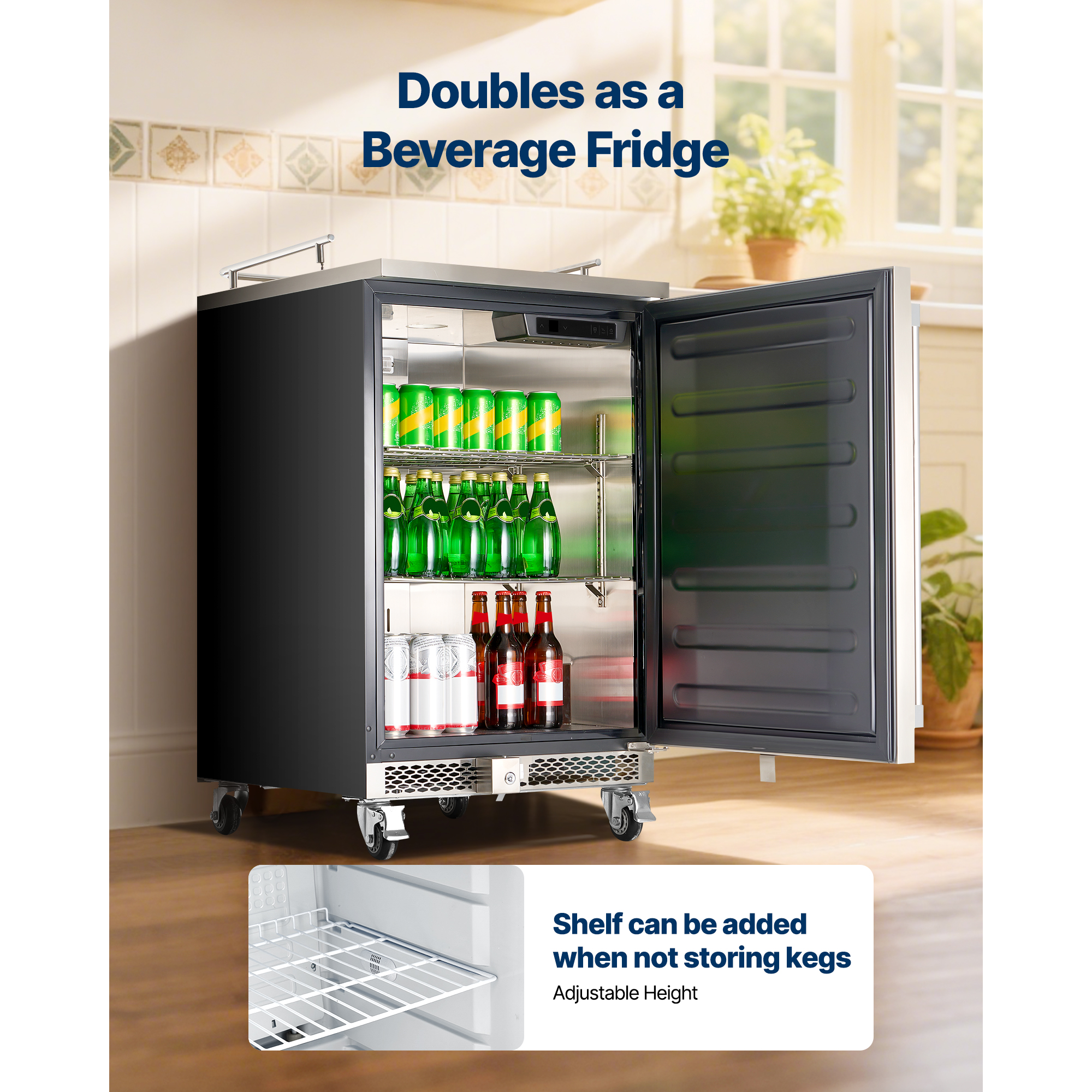 KFFKFF Triple Tap Beer Kegerator, Commercial Draft Dispenser for D System, Full-Size Keg Refrigerator with 5lbs CO2 Tank, Fits 3 Sixth / 2 Slim / 3 Ball Lock Kegs, 160L Capacity