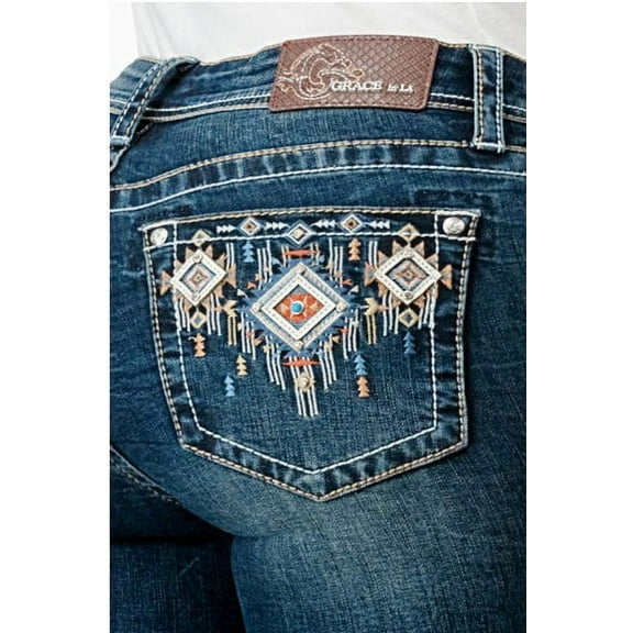 Grace in LA Women's Aztec Western Embroidered Skinny Fit Stretch Jeans (25, Blue)