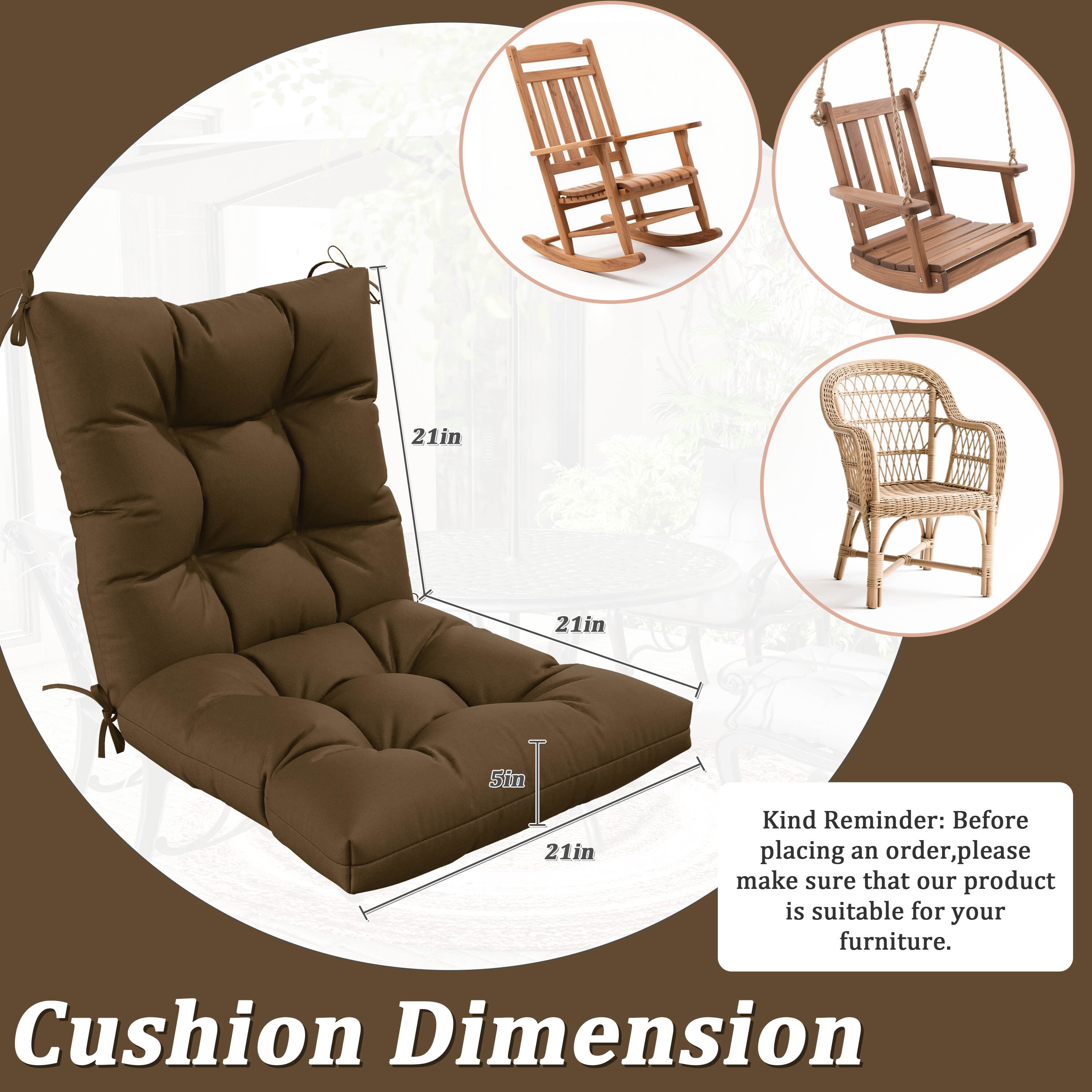 Pakunoda Chairs Cushions 42" X 21" Tufted Non Slip Pad Seat and Seatback 2 Set Cushion with Ties for Patio Outdoor & Indoor Rocking Chair, Chocolate