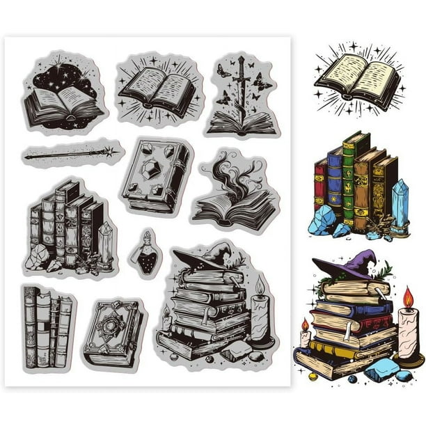 Sello de goma con diseño de libros mágicos, 18 x 22 cm, con varita mágica y poción, sellos de EVA para repujado.