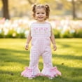 thumbnail image 2 of Coerni Toddler Baby Girl Outfit Cute Plaid Romper Overalls Kid Ruffle Bow Jumpsuit Flare Pants Bell Bottoms Overall Cotton Leggings, 2 of 7