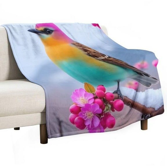 Colorful Bird on Berry Branch Blanket Soft Throw Warm Lightweight Plush Blanket for Couch Bed Sofa