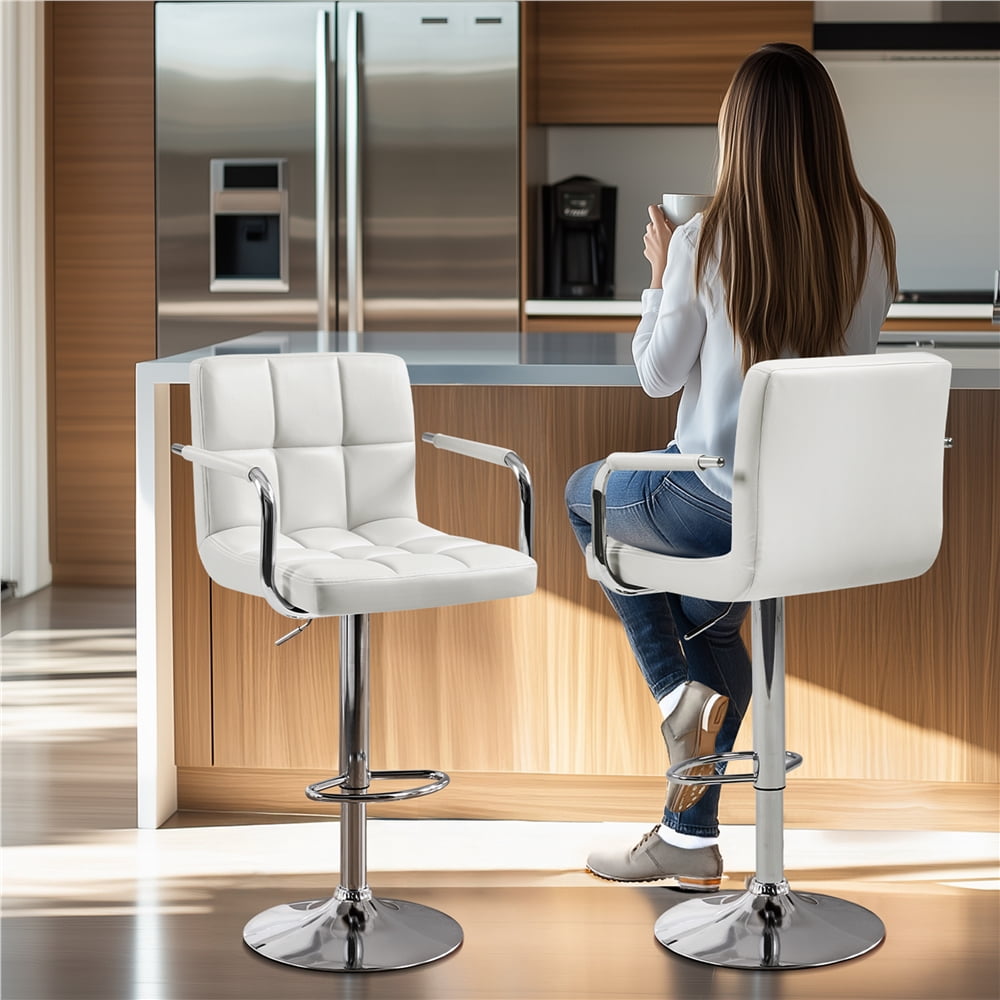 Yaheetech PU Leather Swivel Bar Stool with Tufted Backrest and Padded Armrests, White