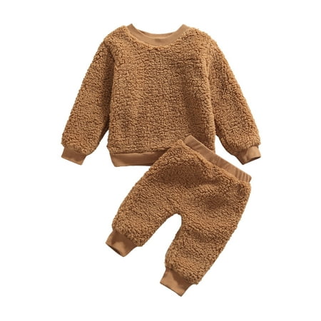 

2Pcs Newborn Baby Girls Boys Outfits Pant Set Autumn Warm Fleece Clothes Fashion Casual Solid Color Plush Long Sleeve Pullover Tops +Long Pants 0-24M