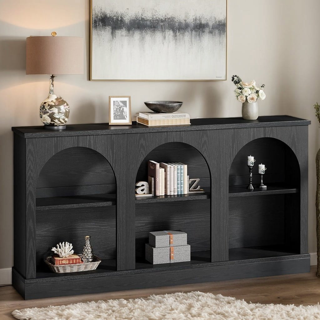 Resenkos Modern Black Console Table, Entryway & Living Room, Wooden Design, Arched Shelf, Stylish Display, Space-Saving Elegant, Black